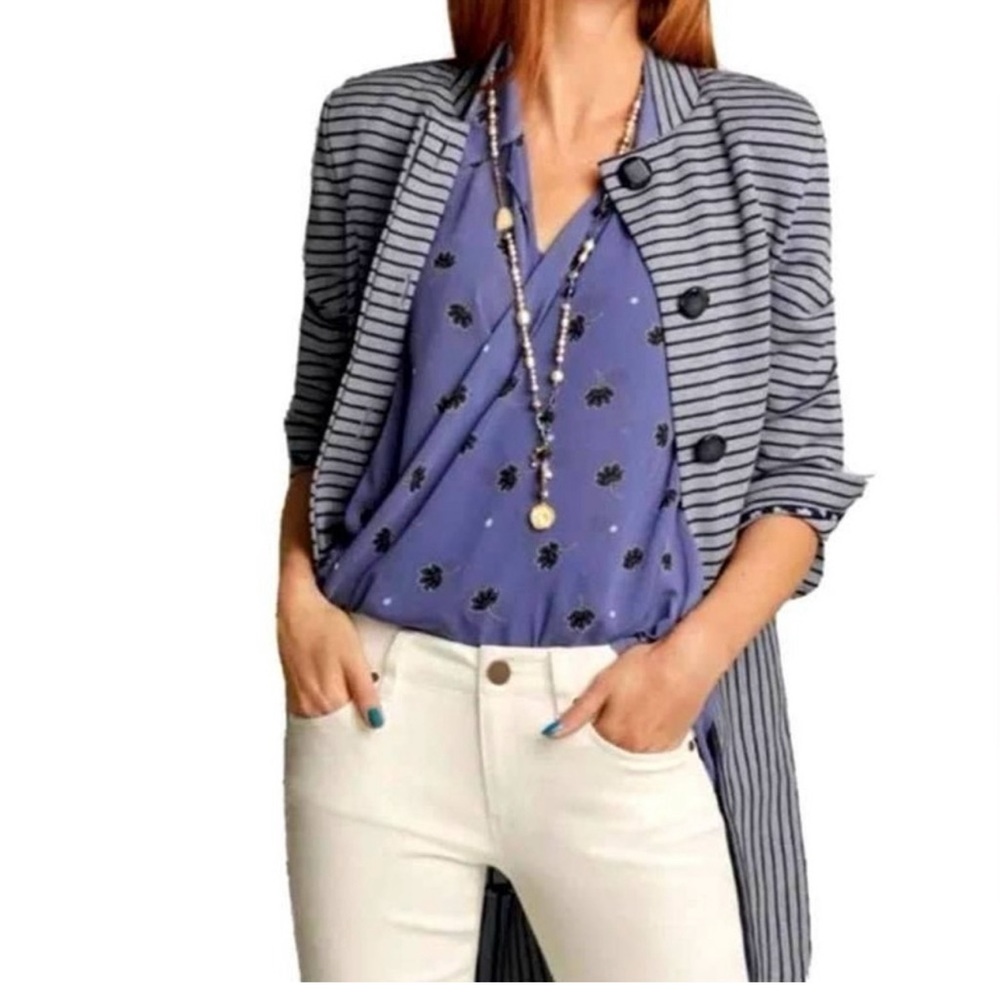Cabi Blue Dappled Stripe Car Coat Small 5474 Mid Length Dressy Buttons Fall